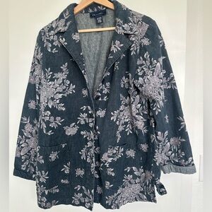 Floral Denim Jacket Blazer Cottagecore Button Front Blue Gray Medium Denim & Co